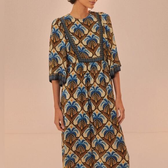 Farm Rio Anthro Women’s Cocopalm Flutter Sleeve Beige Blue  Print Maxi Dress XS - Picture 15 of 15